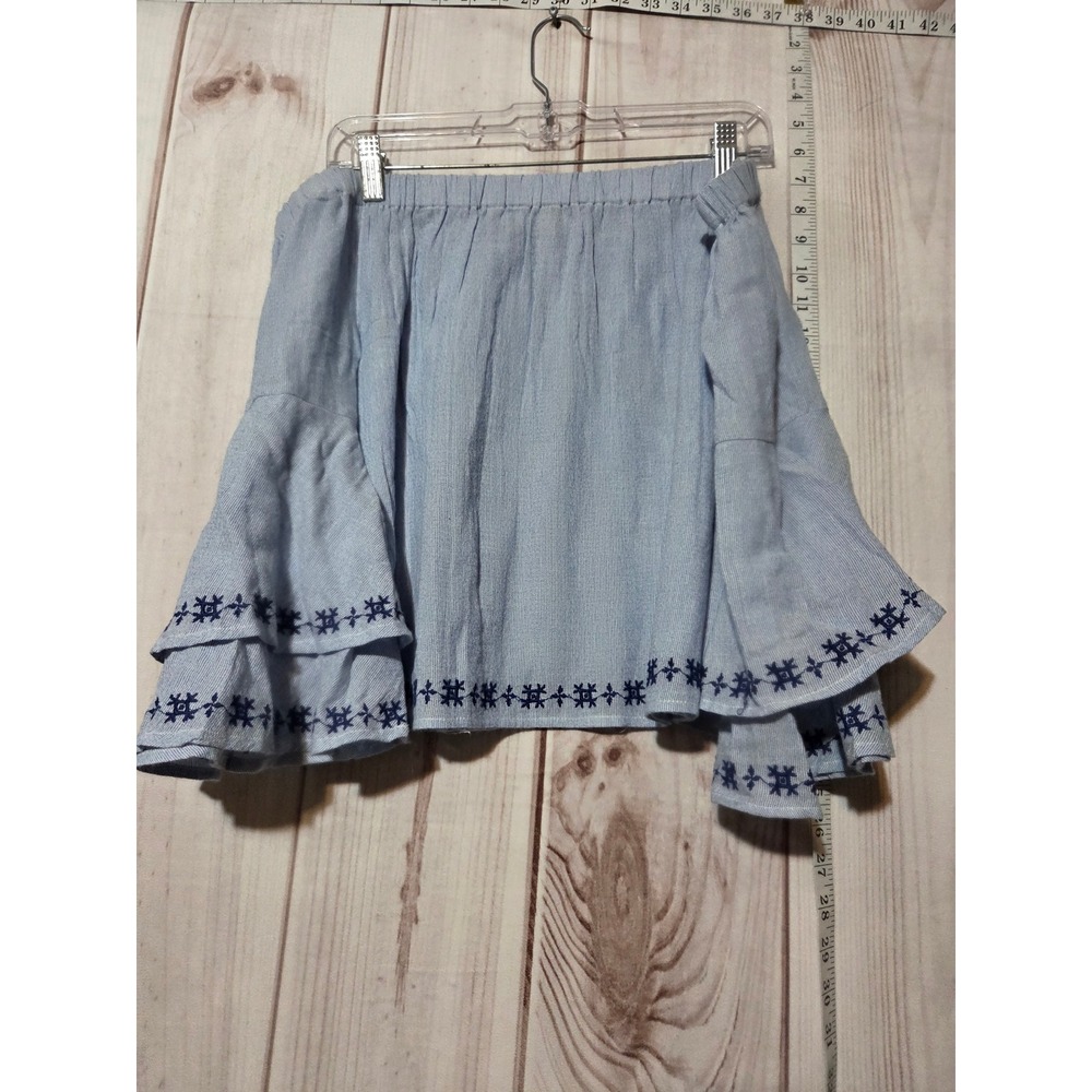 Lucky Brand Light Blue Embroidered Bell Sleeve Off The Shoulder Top Size S